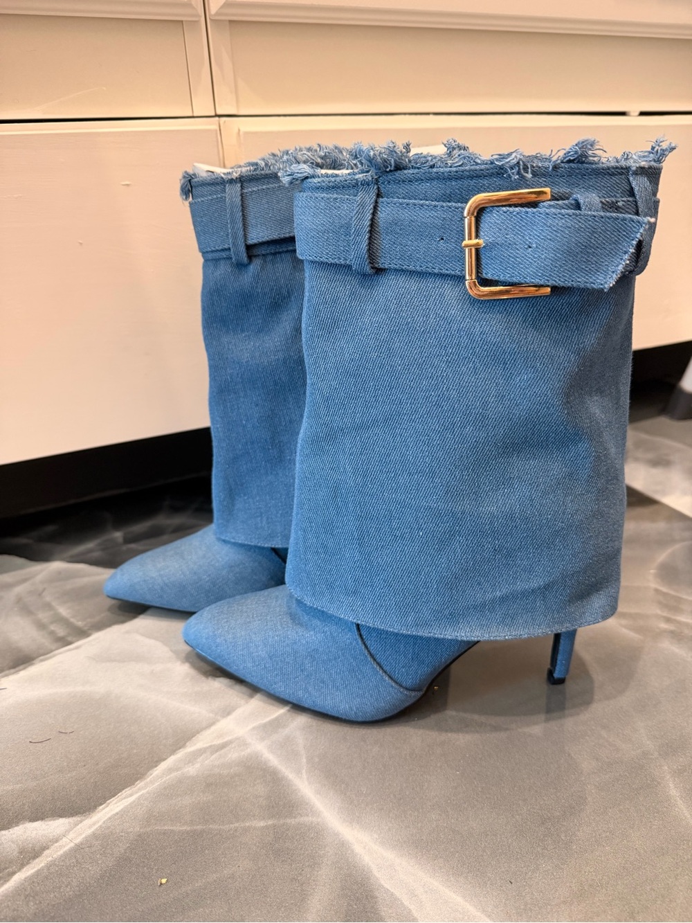 Denim Blue Buckle Pointed-Toe Stiletto Ankle Boots